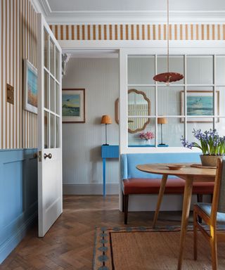 striped walls in dining area and hallway