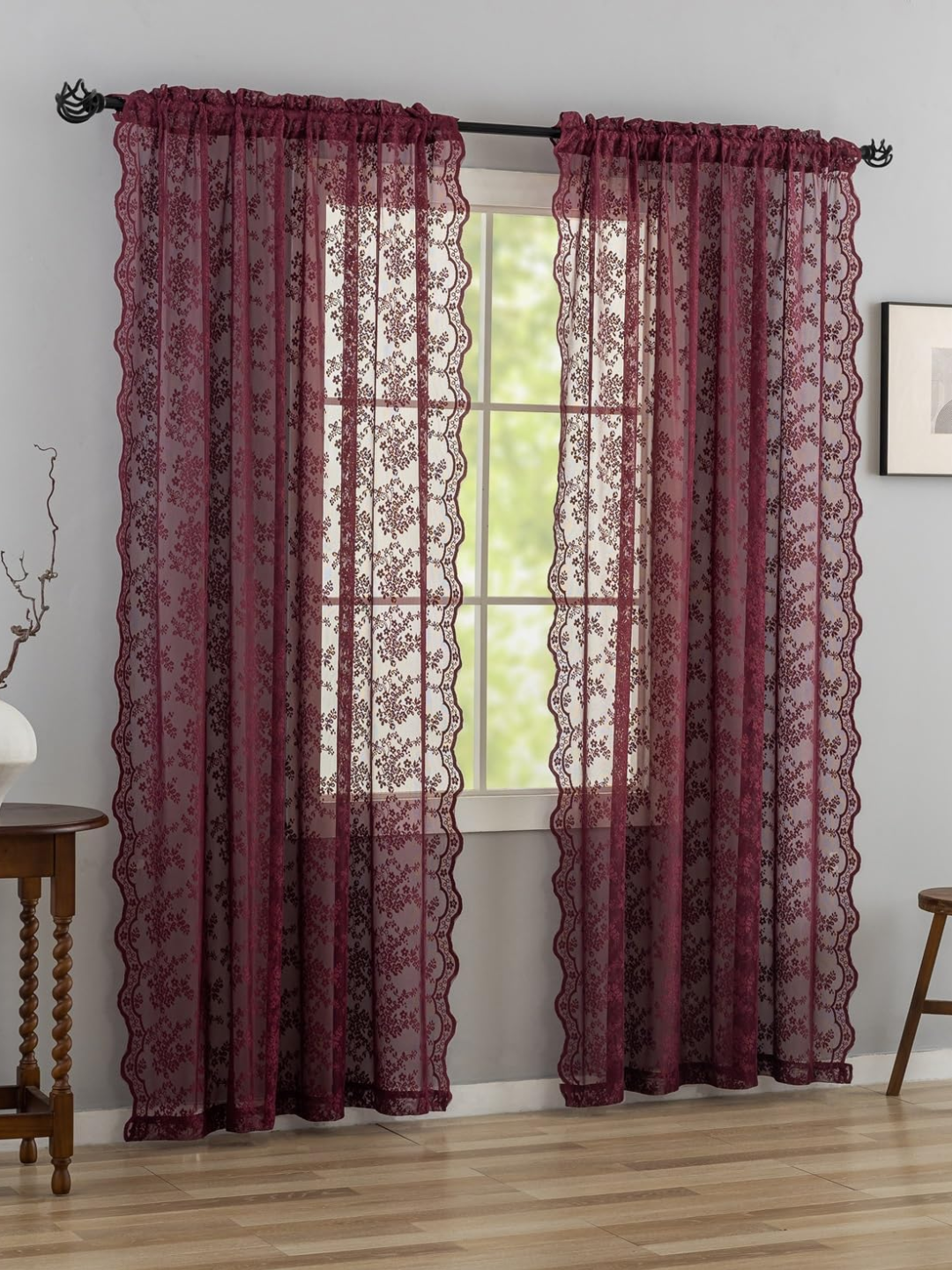 A set of burgundy lace curtains from Amazon