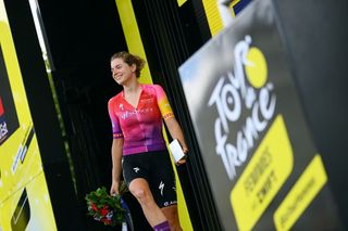 BARSURAUBE FRANCE JULY 27 Marlen Reusser of Switzerland and Team SD Worx celebrates winning the trophy for the most combative rider on the podium ceremony after the 1st Tour de France Femmes 2022 Stage 4 a 1268km stage from Troyes to BarSurAube TDFF UCIWWT on July 27 2022 in BarsurAube France Photo by Tim de WaeleGetty Images