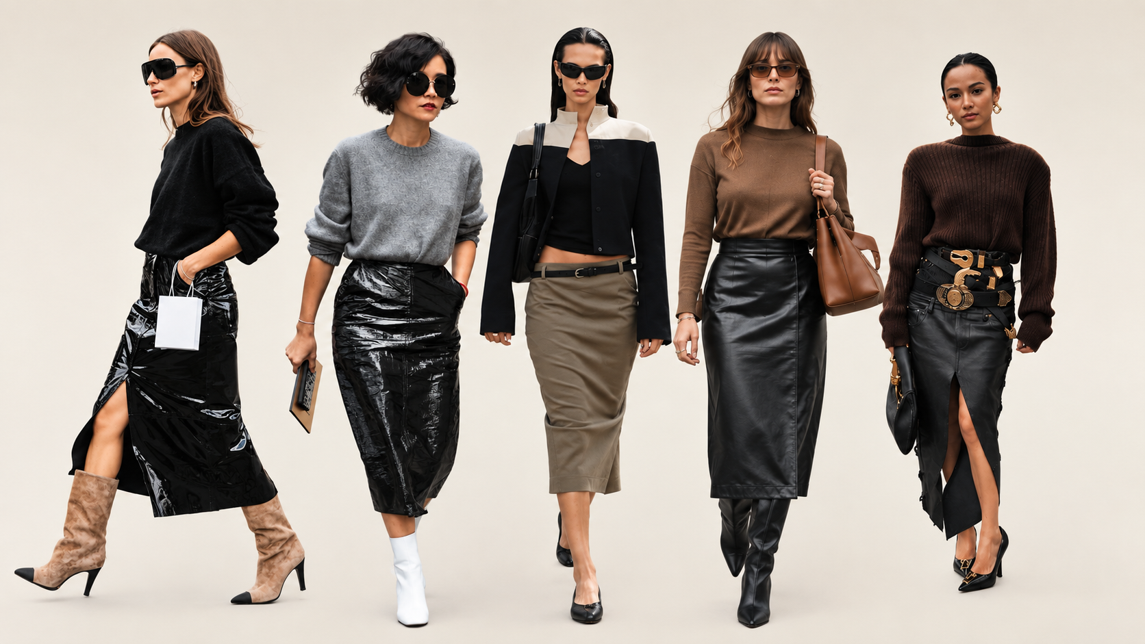 Five women wear pencil skirts styled with sweaters, leather, boots, and flats against a neutral beige background.