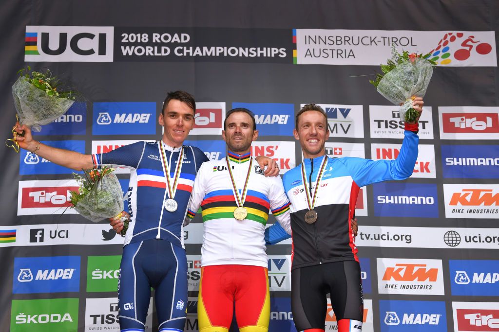 INNSBRUCK, AUSTRIA - SEPTEMBER 30: Podium / Romain Bardet of France Silver Medal / Alejandro Valverde of Spain Gold Medal / Michael Woods of Canada Bronze Medal / Celebration /during the Men Elite Road Race a 258,5km race from Kufstein to Innsbruck 582m at the 91st UCI Road World Championships 2018 / RR / RWC / on September 30, 2018 in Innsbruck, Austria. (Photo by Tim de Waele/Getty Images)