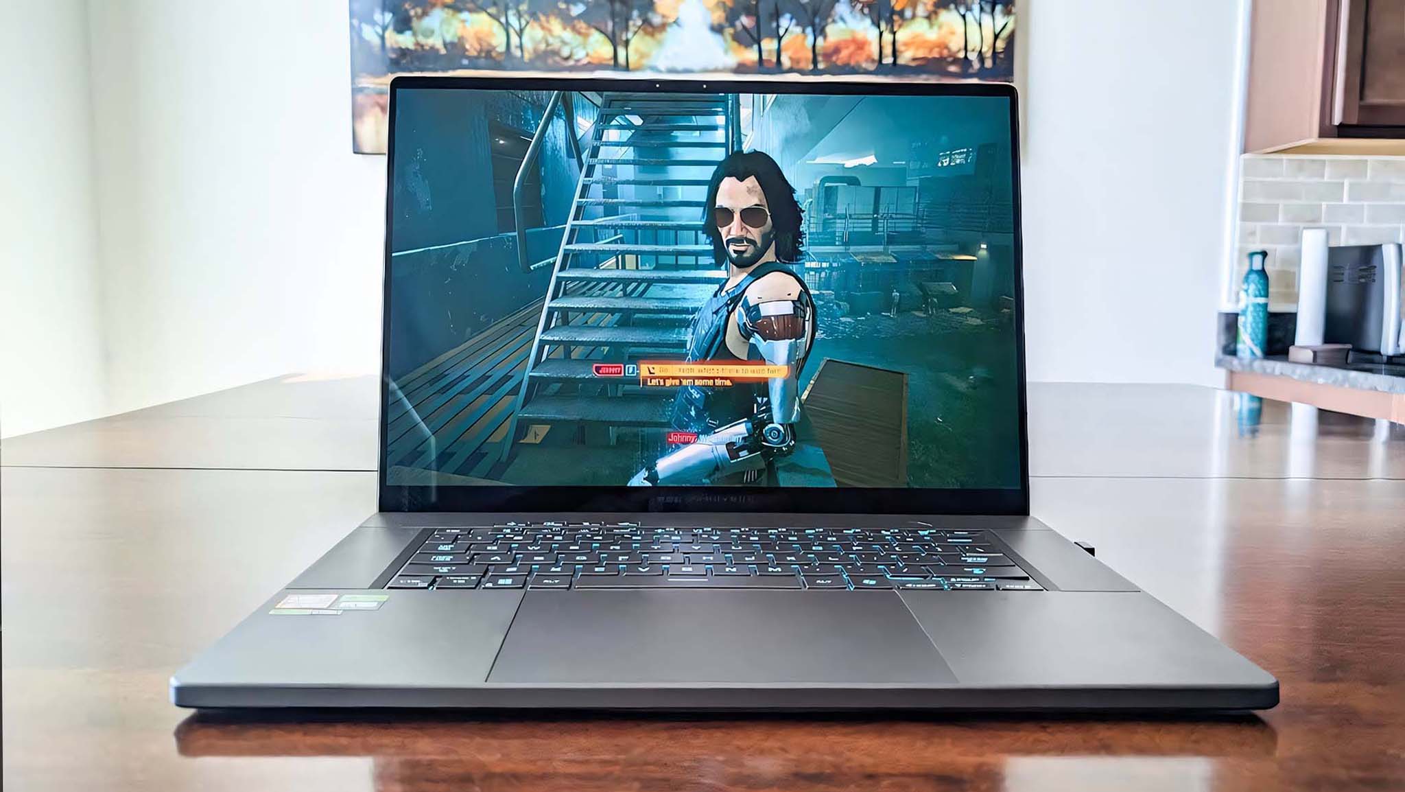 ASUS ROG Zephyrus G16 (2024) GA605 showing Johnny from Cyberpunk 2077.