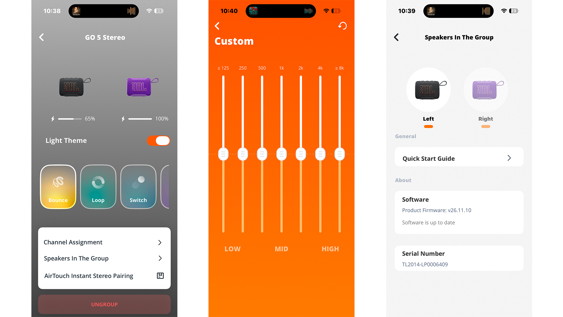 Three screenshots of JBL Portable app