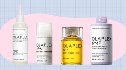 Four Olaplex products on a blue and pink template for the best Amazon Olaplex Deals for Amazon Prime Day 2023