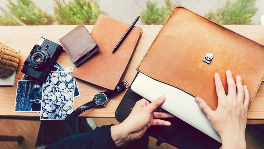 A laptop bag on a desk.