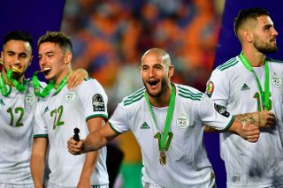 Algeria players celebrate their Africa Cup of Nations win in July 2019.