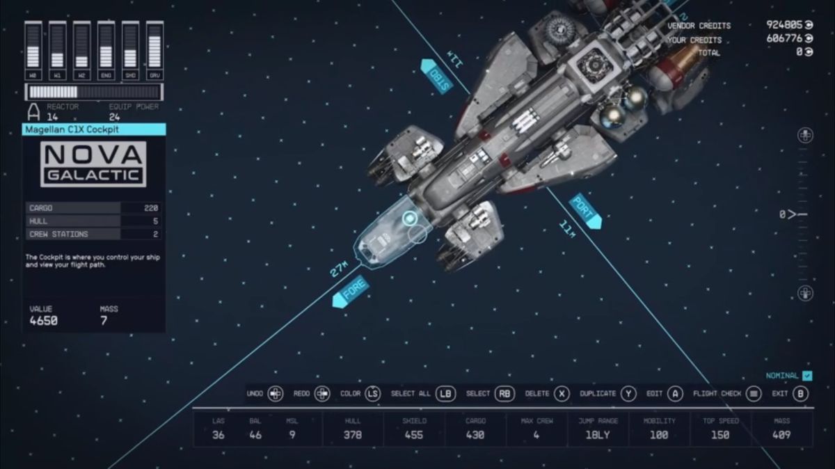Starfield's shipbuilding tool screens and customisation