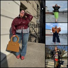 A collage of street-style outfit photos featuring Sarah Chiwaya posing outdoors in New York City.
