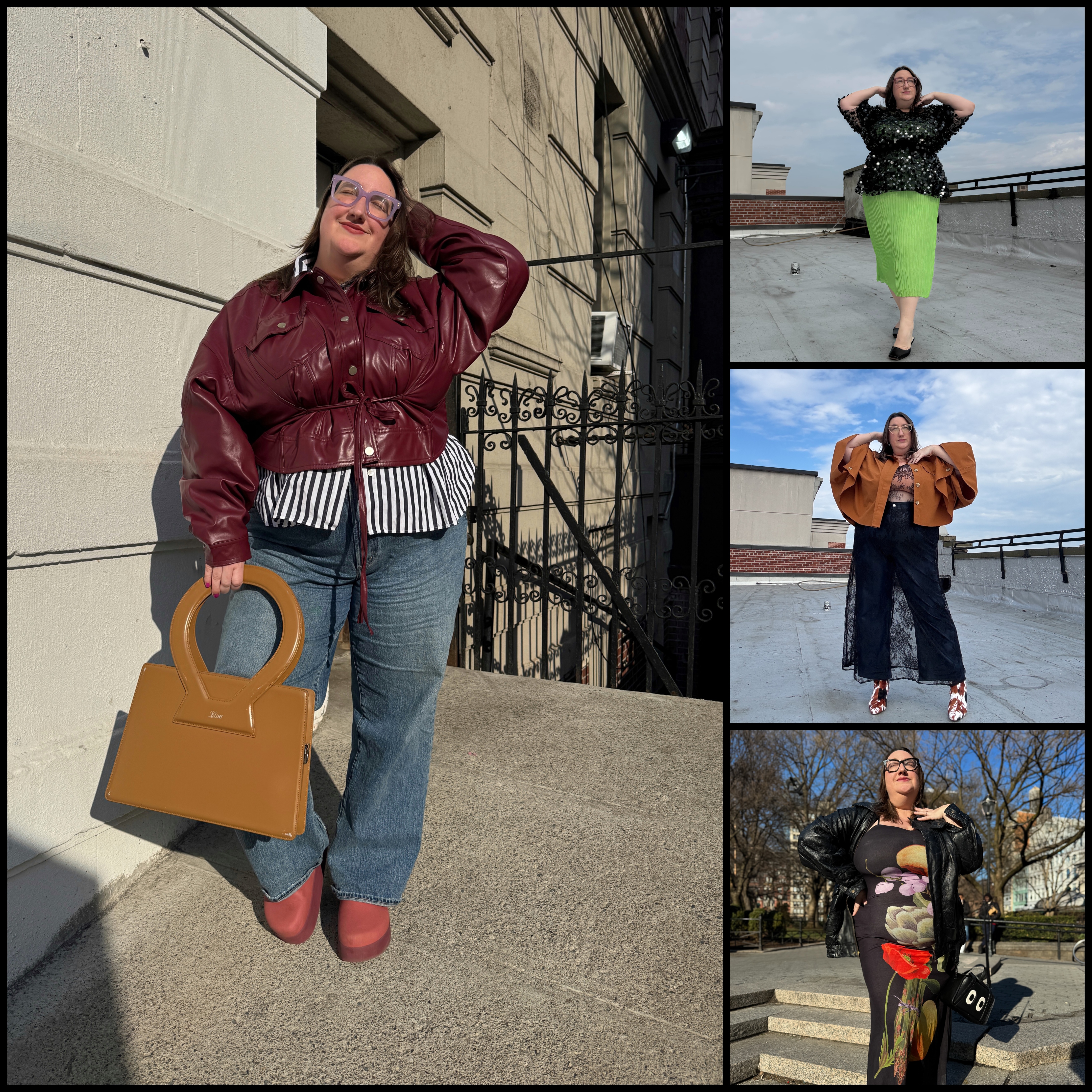 A collage of street-style outfit photos featuring Sarah Chiwaya posing outdoors in New York City.