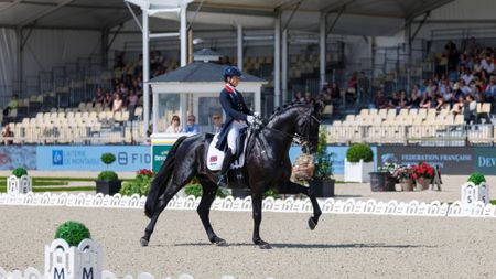 Lottie Fry riding Glamourdale in the grand prix at the Fontainebleau Nations Cup, in contention for the British dressage team at the 2026 World Championships