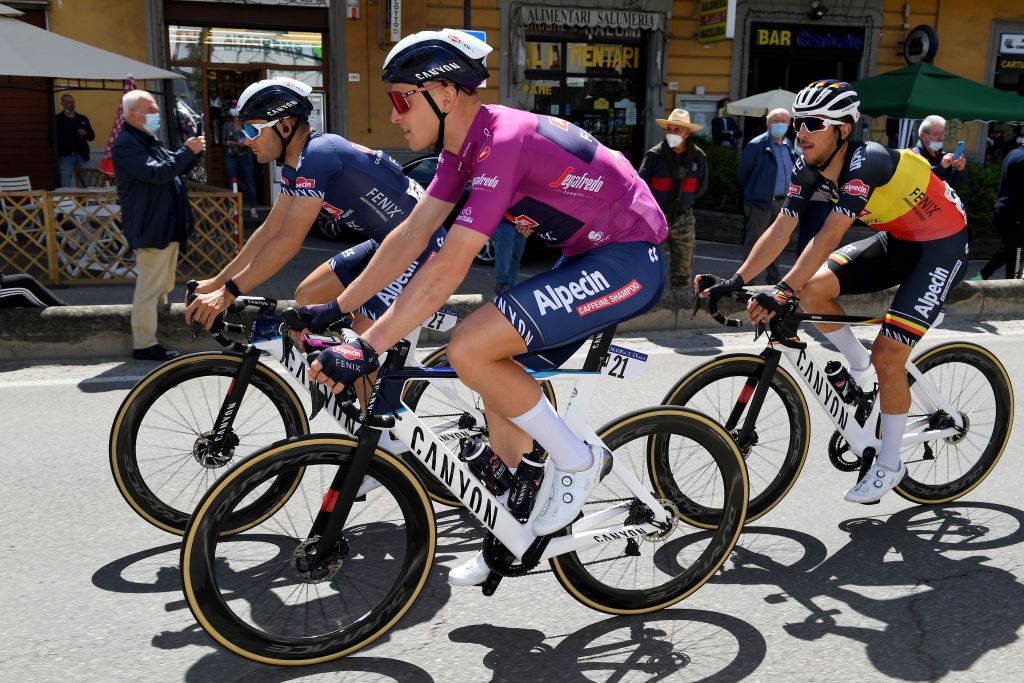 CATTOLICA ITALY MAY 12 Gianni Vermeersch of Belgium and Team AlpecinFenix Tim Merlier of Belgium and Team AlpecinFenix Purple Points Jersey Dries De Bondt of Belgium and Team AlpecinFenix during the 104th Giro dItalia 2021 Stage 5 a 177km stage from Modena to Cattolica girodiitalia Giro on May 12 2021 in Cattolica Italy Photo by Tim de WaeleGetty Images