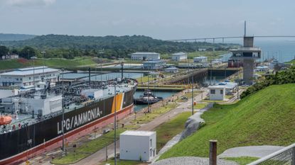 A petroleum and ammonia ship navigates the locks of the Panama Canal.