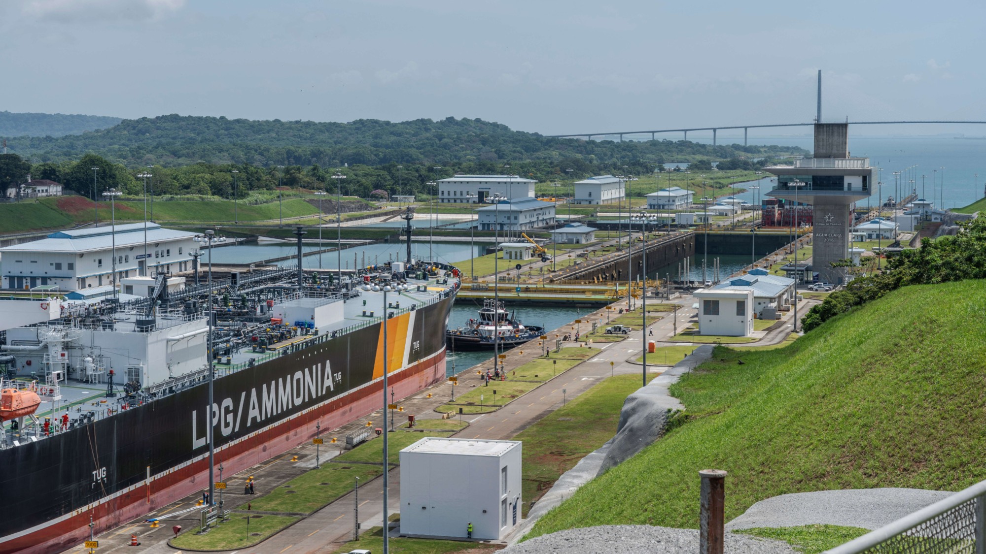 A petroleum and ammonia ship navigates the locks of the Panama Canal. 