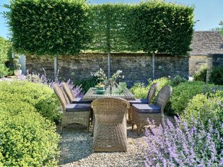 bridgman rattan outdoor dining set on gravel patio with clipped hedges