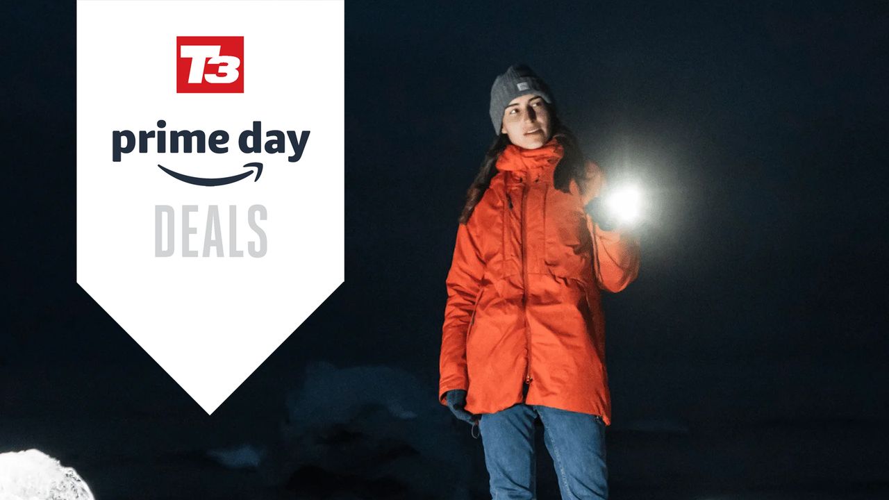 Young female hiker using a Ledlenser torch in the dark