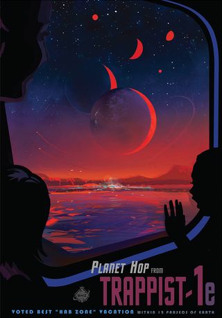 A travel poster for the TRAPPIST-1 system. Planets in the system would undoubtedly offer great night sky views.