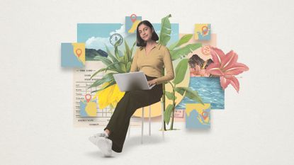 Illustration of a woman working with a laptop in an exotic location