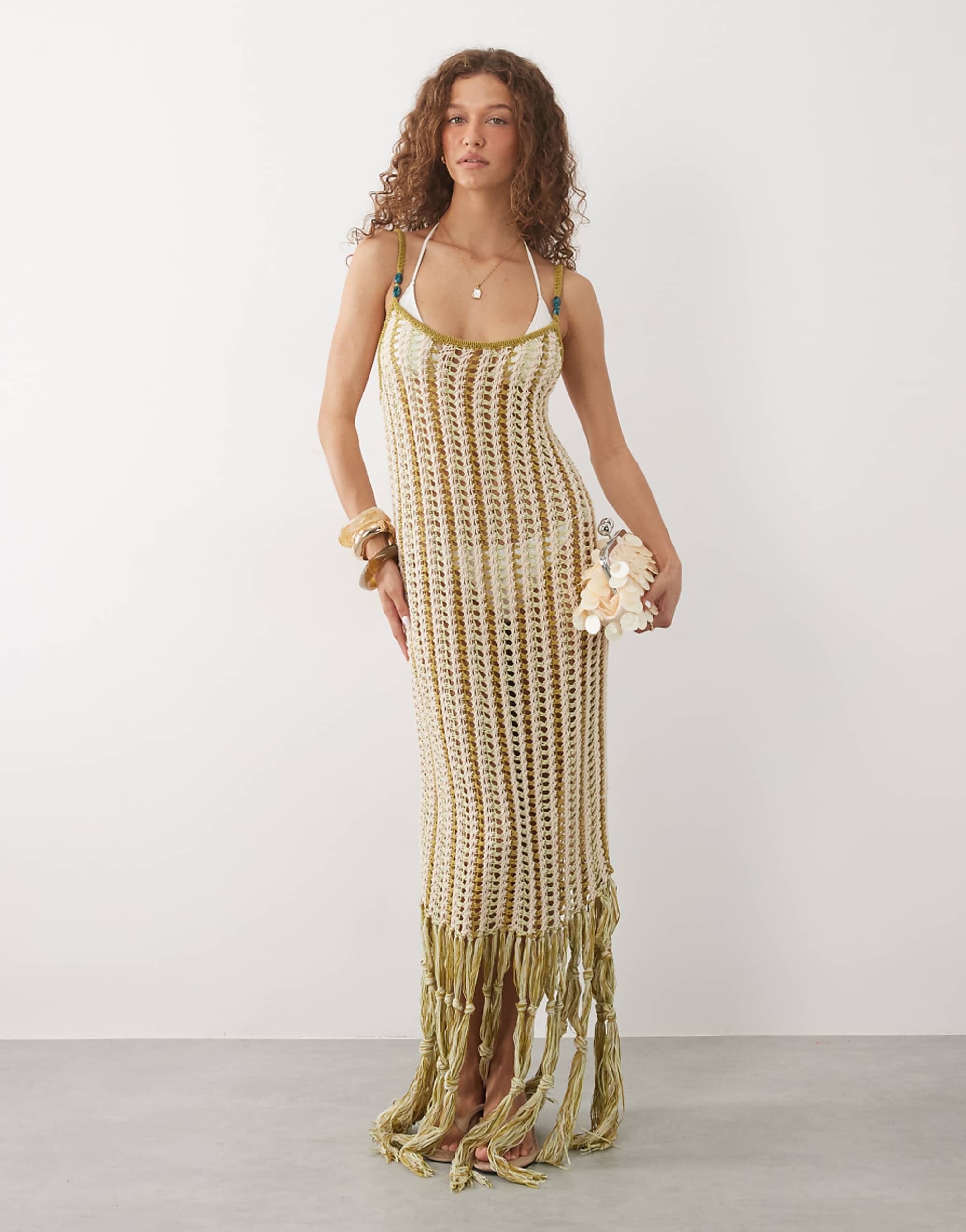 Asos Design Tara Tassel Macrame Beach Maxi Dress in Lime Stripe