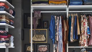 Small closet with short hanging rails and closely spaced shelving