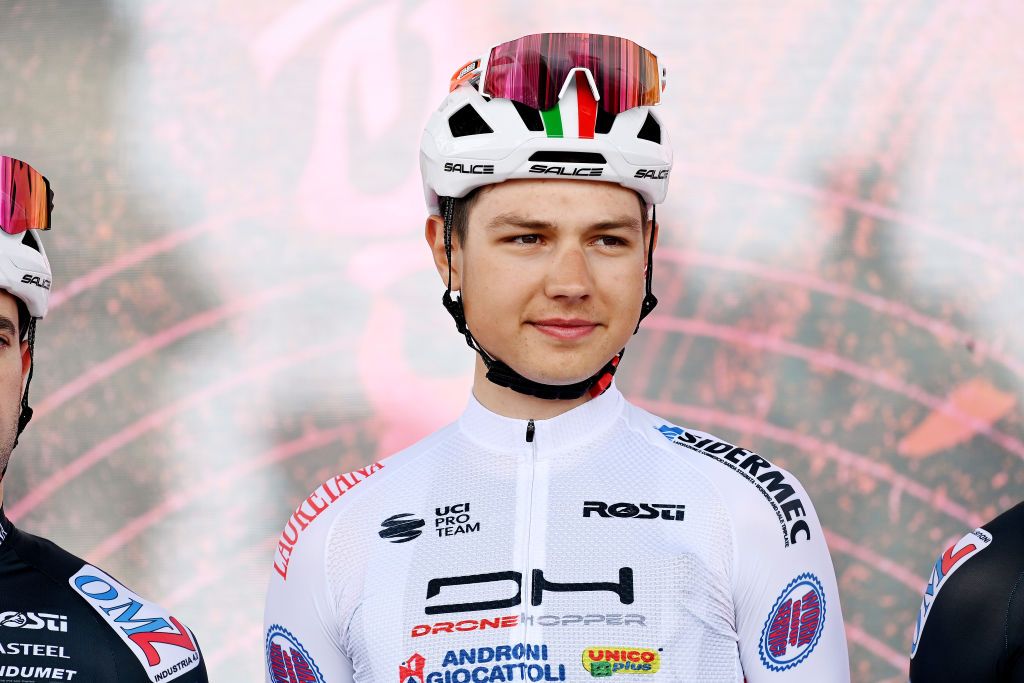 VISEGRAD HUNGARY MAY 06 Andrii Ponomar of Ukraine and Team Drone Hopper Androni Giocattoli Sidermec during the team presentation prior to the 105th Giro dItalia 2022 Stage 1 a 195km stage from Budapest to Visegrd 337m Giro WorldTour on May 06 2022 in Visegrad Hungary Photo by Stuart FranklinGetty Images