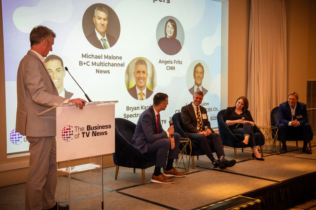 Mike Malone leads a panel of TV weather experts at The Business of TV News on May 2. Marc Robert Jeanniton photo for Future B2B.