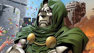 Marvel Phase 6: Doctor Doom in the Marvel comics standing in front of a crowd of people celebrating.