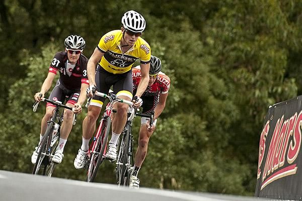 Briand McLeod leads Tim Cameron (right) and Rhys Gillett during their breakaway which got out to a minute-and-a-half at one point