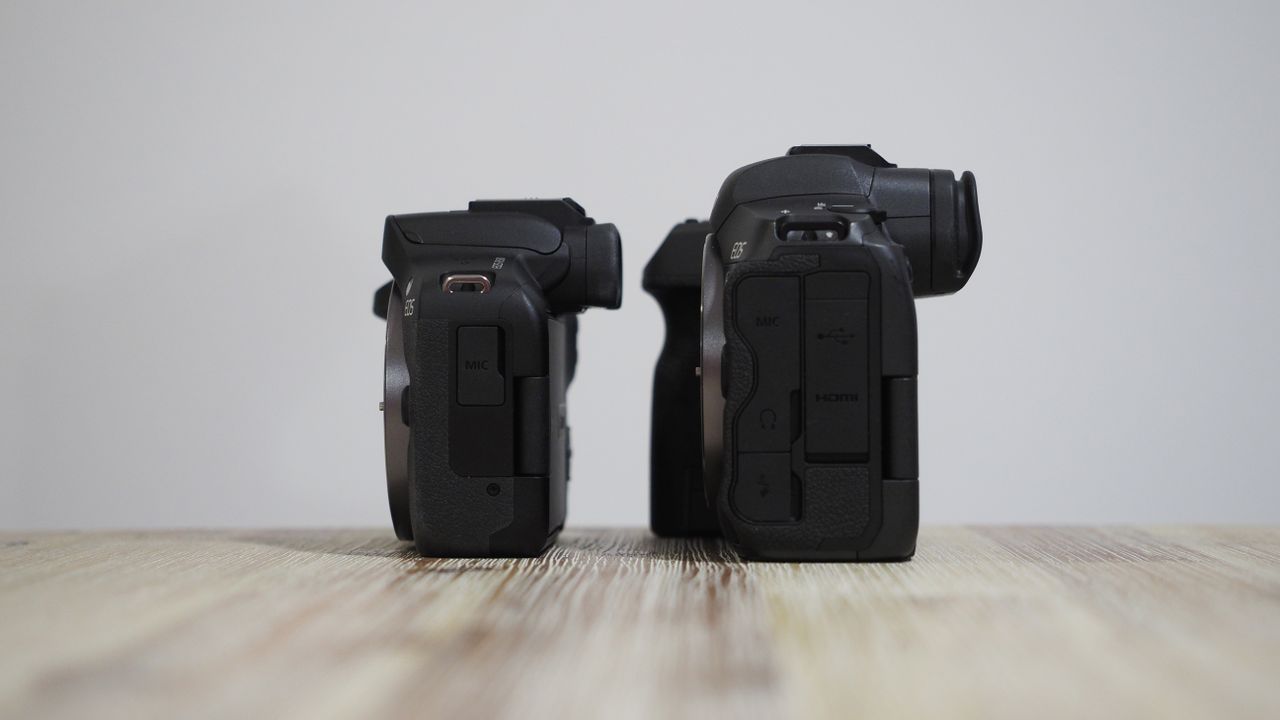 Canon EOS R50 next to Canon EOS R5