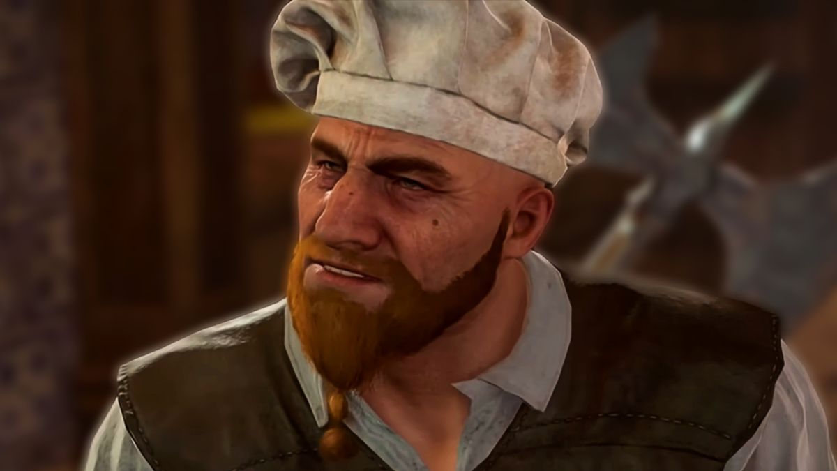 Baldur&#039;s Gate 3 chef character looking to the side with a confused expression, his face bearded and a white hat atop his head