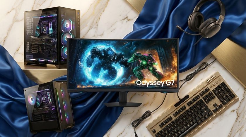 Product shots of Odyssey G7 gaming monitor from Samsung