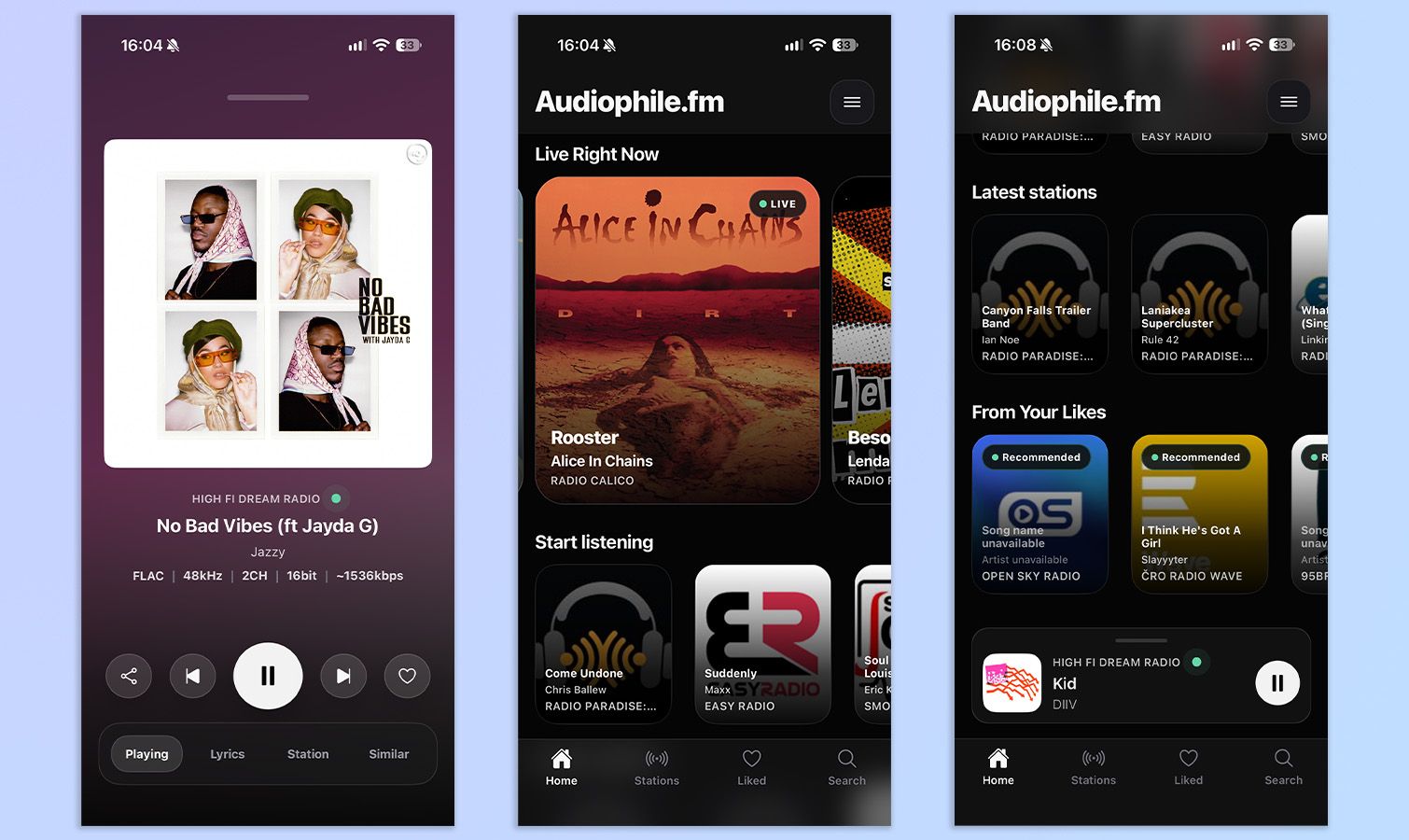 three screenshots from the audiophile.fm app showing radio stations and UI