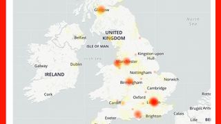 A map showing the location of Three UK network outage reports