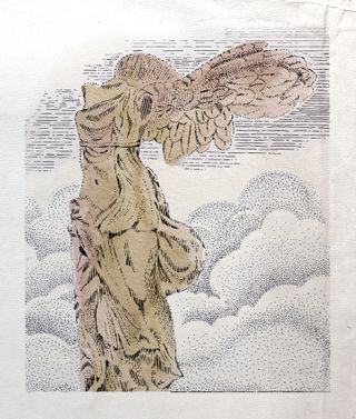 A painting of The Winged Victory of Samothrace - a marble figure with no arms or head.