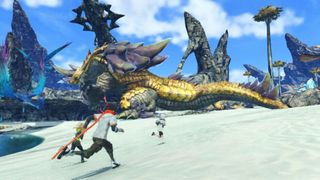 Xenoblade Chronicles 3 Expansion Pass: 2 characters run towards a monster