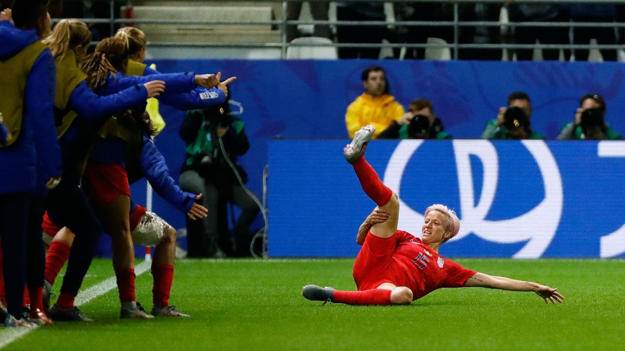 United States forward Megan Rapinoe celebrates one of the 13 goals against Thailand