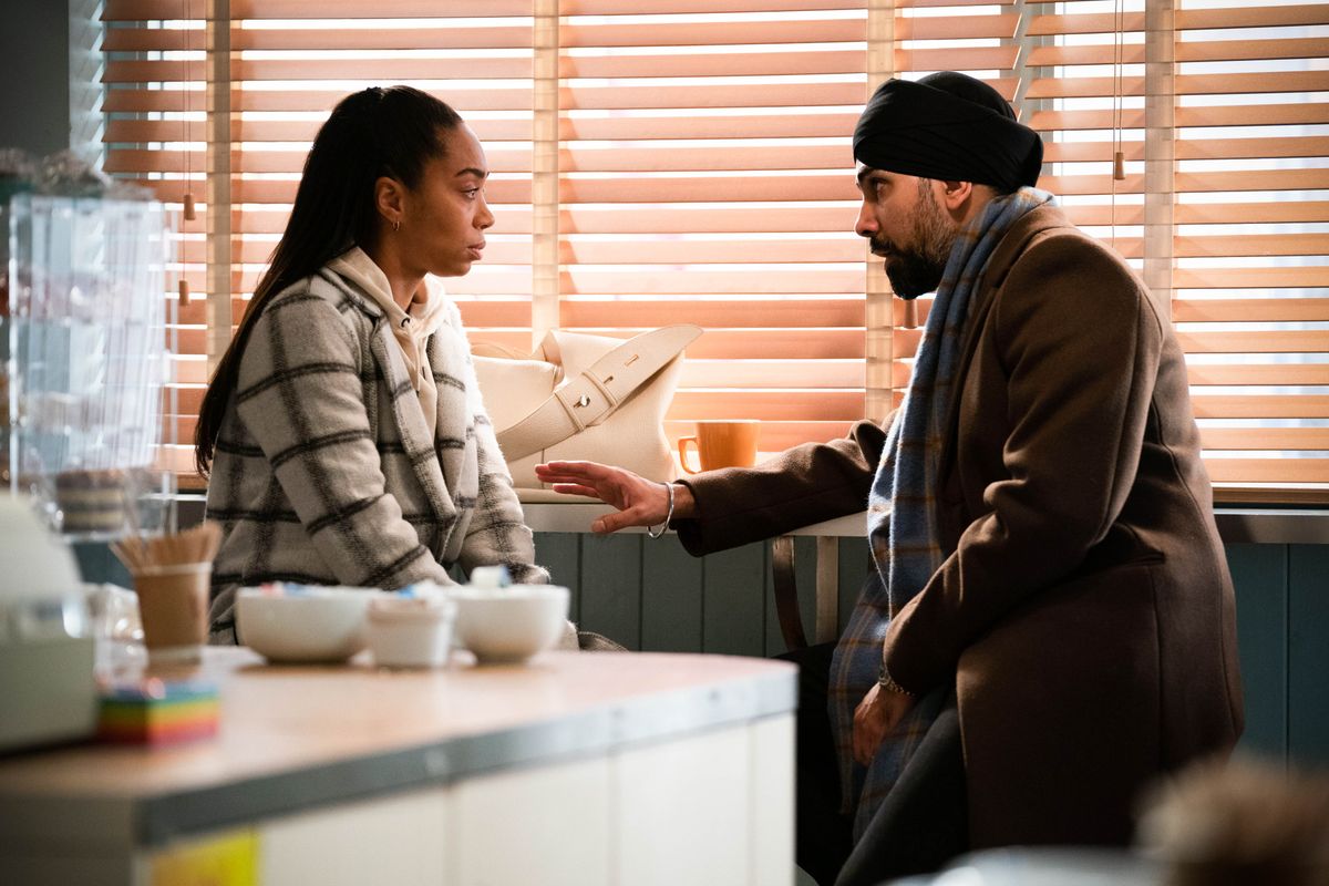 Chelsea Atkins talks to Kheerat Panesar in EastEnders