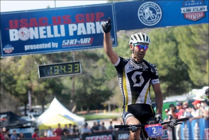 Geoff Kabush (Scott-3Rox) wins the elite men's race at Bonelli Park, round 2 of the USA Cycling US Cup Series presented by Sho-Air Cycling Group