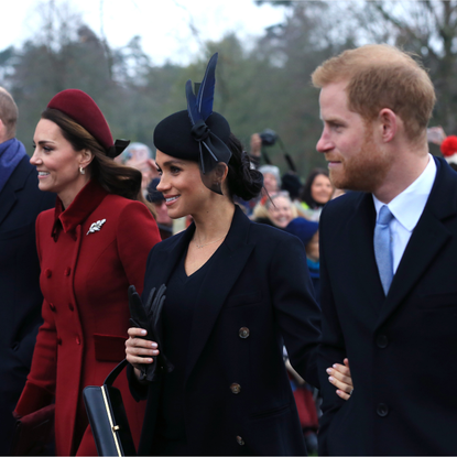 Prince William, Duke of Cambridge, Catherine, Duchess of Cambridge, Meghan, Duchess of Sussex and Prince Harry, Duke of Sussex leave after attending Christmas Day Church service at Church of St Mary Magdalene on the Sandringham estate on December 25, 2018 in King's Lynn, England