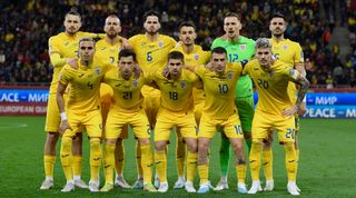 Ionut Radu, Radu Dragusin, Cristian Manea, Tudor Baluta, Denis Alibec, Nicolae Stanciu, Raul Oprut, Andrei Burca, Razvan Marin, Dennis Man, Olimpiu Morutan of Romania during the UEFA EURO 2024 qualifying round group I match between Romania and Belarus at Arena Nationala on March 28, 2023 in Bucharest, Romania.