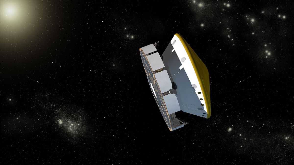 An artist's illustration of NASA's Mars 2020 Perseverance rover in cruise mode after launching into space. The rover launched toward Mars July 30, 2020 and will arrive on Feb. 18, 2021.