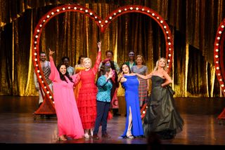 Scarlett Moffatt, Helen George, Rosie Jones, Nina Wadia and Tamzin Outhwaite are seen on stage performing for Comic Relief's Red Nose Day 2022 Comic Opera