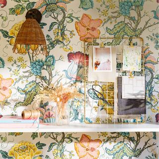 Summerhouse interior with floral wallpaper