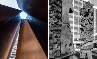 Left, Fulcrum, Broadgate, London, by Richard Serra. Right, Minutemen, Salford, by William Mitchell.