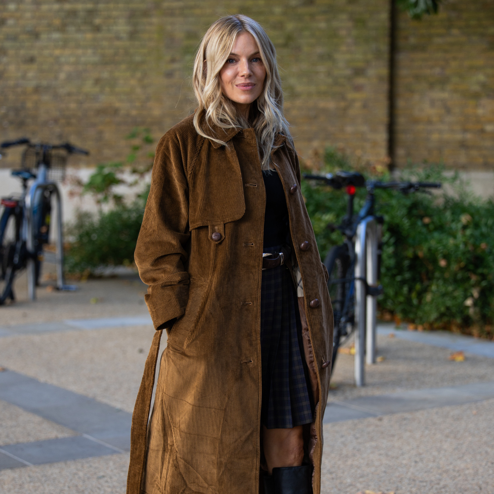 Sienna Miller suede trench coat trend 2026. 