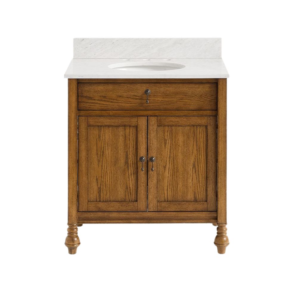 Wooden bathroom vanity with marble top