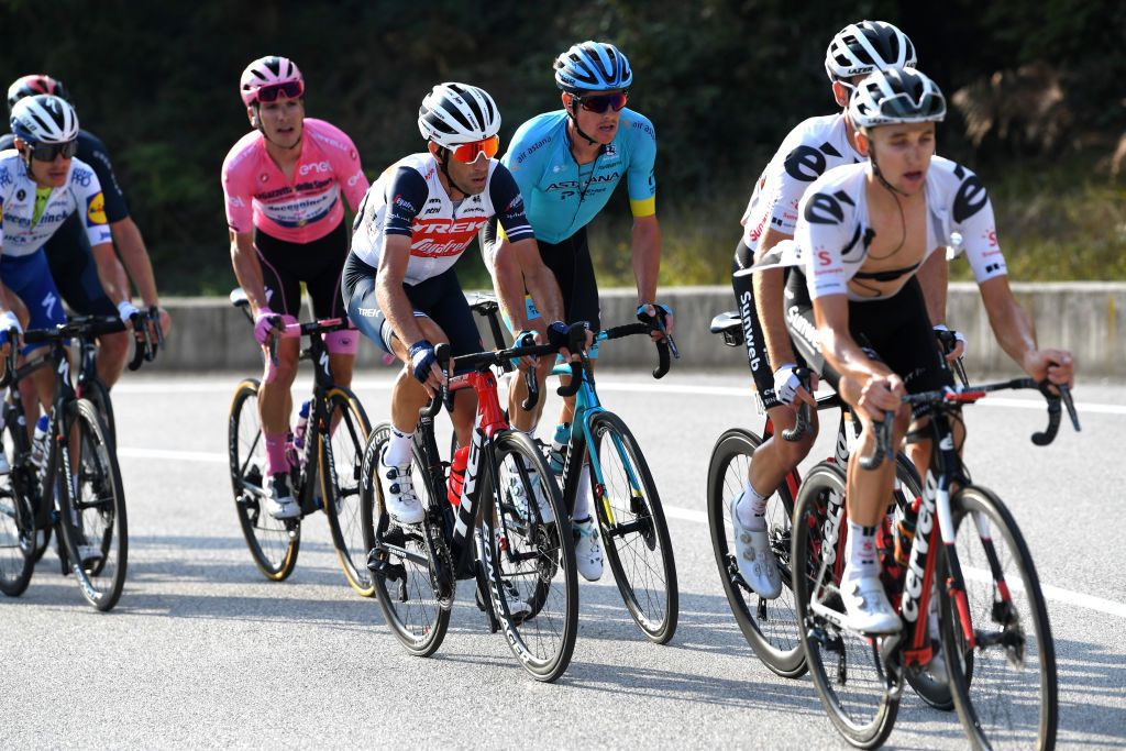 PIANCAVALLO ITALY OCTOBER 18 Joao Almeida of Portugal and Team Deceuninck QuickStep Pink Leader Jersey Vincenzo Nibali of Italy and Team Trek Segafredo Jakob Fuglsang of Denmark and Astana Pro Team during the 103rd Giro dItalia 2020 Stage 15 a 185km stage from Base Aerea Rivolto Frecce Tricolori to Piancavallo 1290m girodiitalia Giro on October 18 2020 in Piancavallo Italy Photo by Tim de WaeleGetty Images