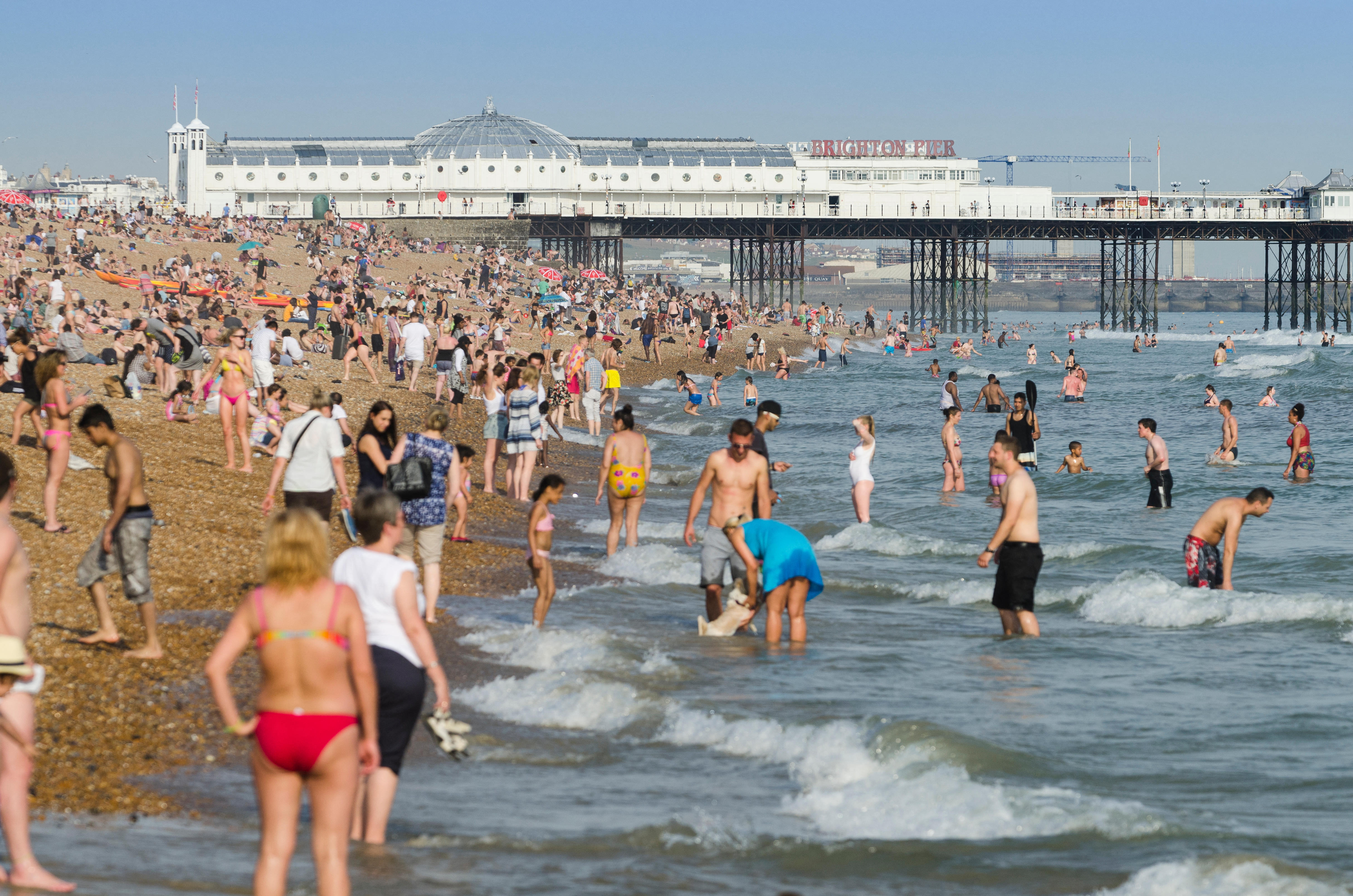 Swimmers at the water's edge on a busy Brighton Beach with the pier in the background