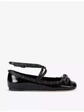 Rockstud Bow-Embellished Crossover-Strap Leather Ballet Flats