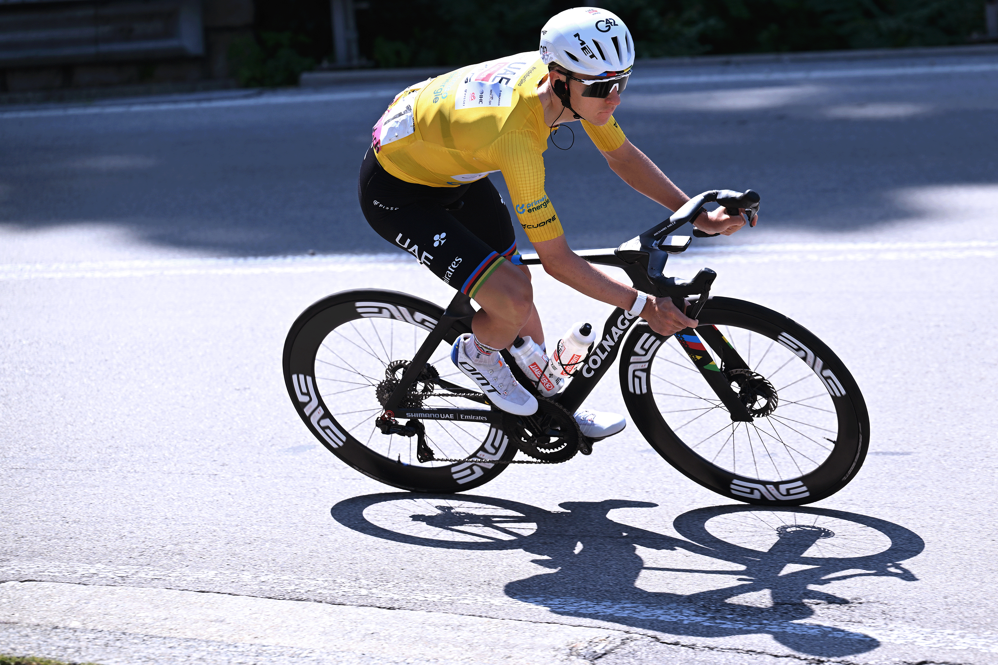 LOCARNO, SWITZERLAND - JUNE 18: Tadej Pogacar of Slovenia and UAE Team Emirates - XRG - Yellow leader jersey competes during the 89th Tour de Suisse 2026, Stage 2 a 157.7km stage from Locarno to Locarno / #UCIWT / on June 18, 2026 in Locarno, Switzerland. (Photo by Tim de Waele/Getty Images)