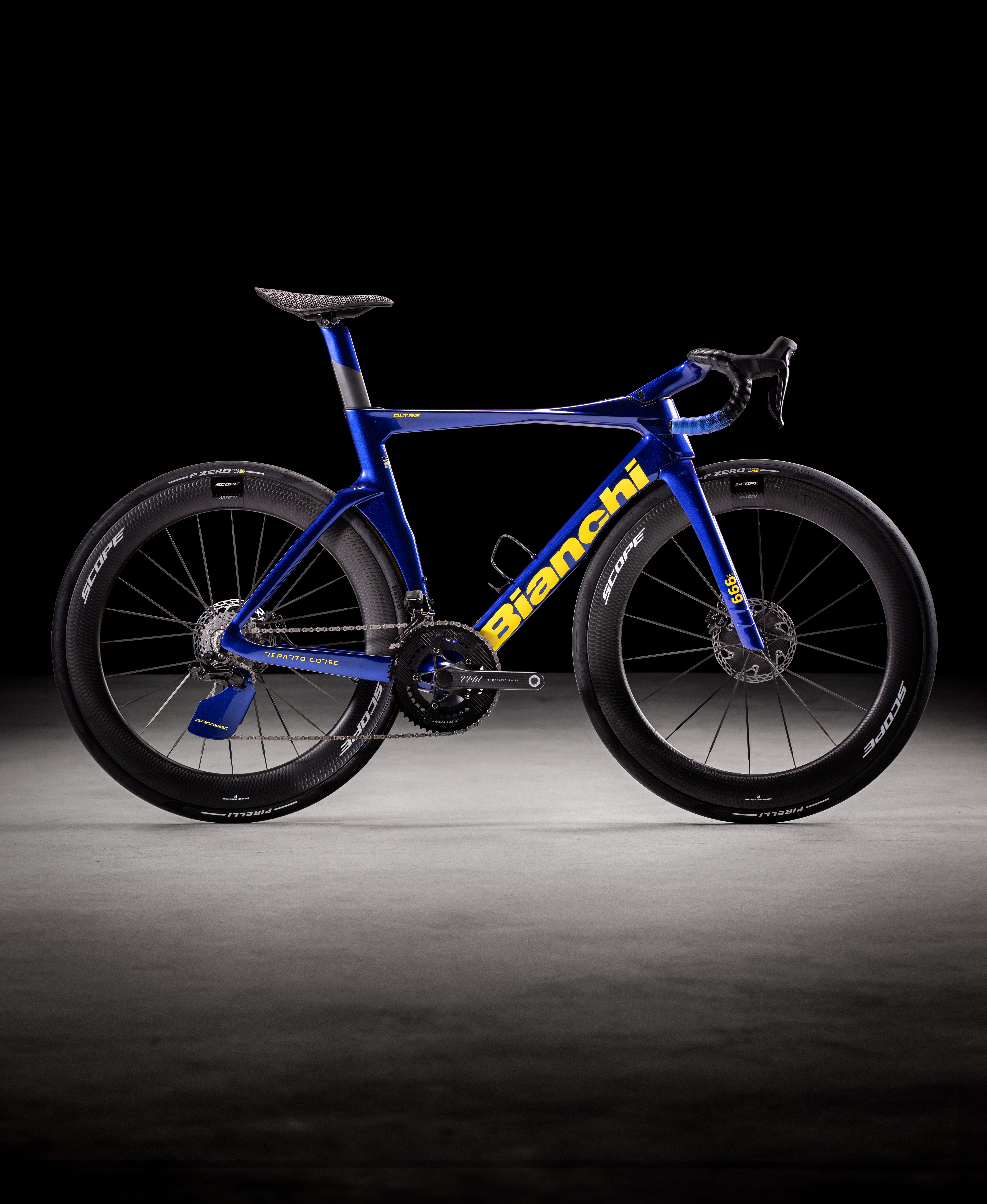 studio beauty shots of Bianchi road racing bike shown against black 